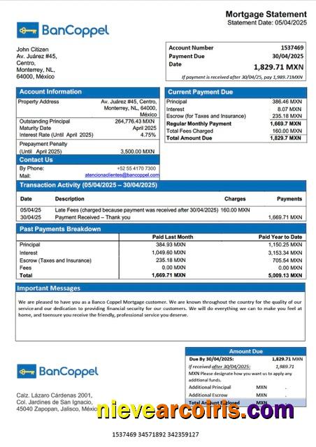 Mexico Banco Coppel mortgage statement Word and PDF template